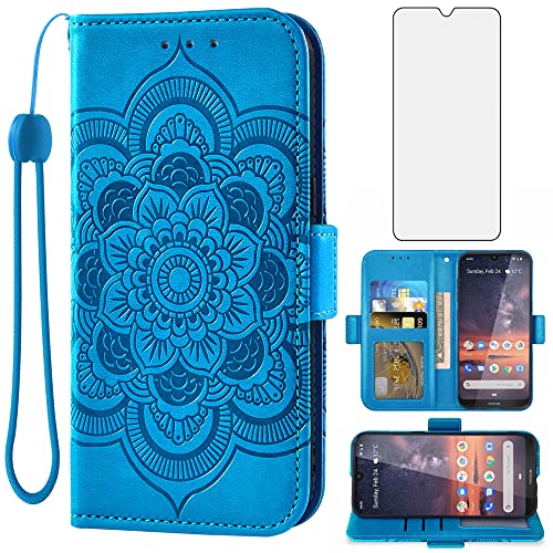 Asuwish Compatible with Nokia 3V 3.2 Wallet Case and Tempered Glass Screen Protector Leather Flip Card Holder Stand Cell Accessories Phone Cover for Nokia3.2 3 V Verizon V3 TA-1182 Women Men Blue