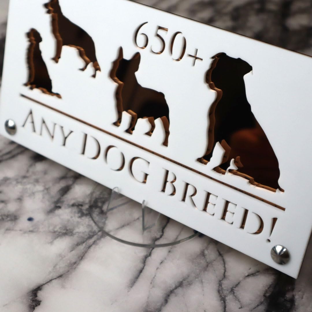 K Smart Sign | 280mm x 140mm | Personalised Dog Luxe property house Dogs wall number address Any-Dog personalised plaque numbers signs fully personalised choose your own (White & Copper Mirror)