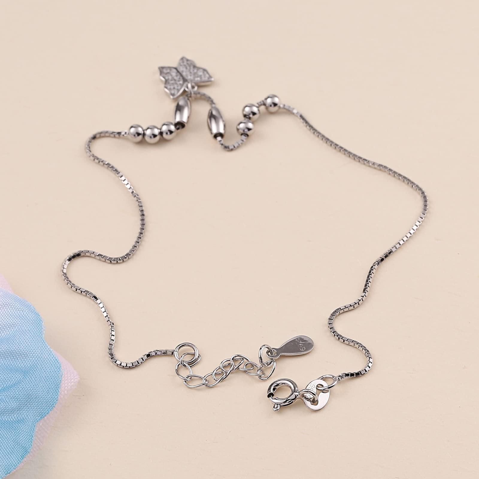 Beydodo Fußkette Damen 750 Weißgold, Fußkettchen 28CM Anhänger Schmetterling mit Zirkonia Fußkette Verlängerung Fußkettchen Urlaub Mädchen