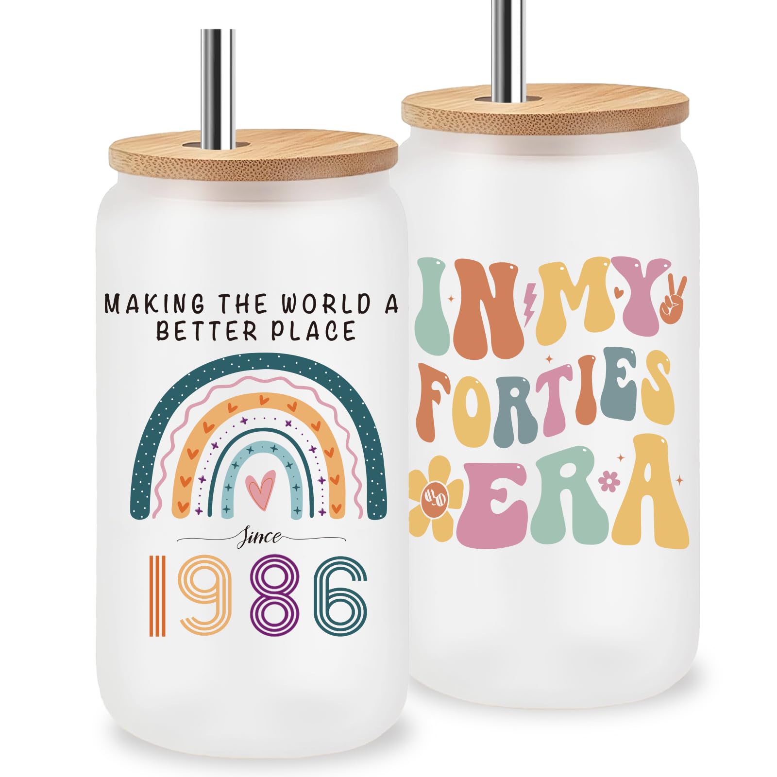 Jars Nova 40th Birthday Gifts for Women Glass Tumbler 16oz|“in My Forties Era” Born in 1986 Keepsake Cup with Lid & Stainless Steel Straw|Birthday Gift for Her Mum Wife Best Friend — image 1