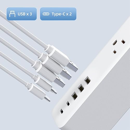 Miniatura 3 de Regleta protectora de sobretensiones, 9 tomas ampliamente espaciadas, 3 puertos USB A y 2 puertos USB C, cable de extensión largo de enchufe plano