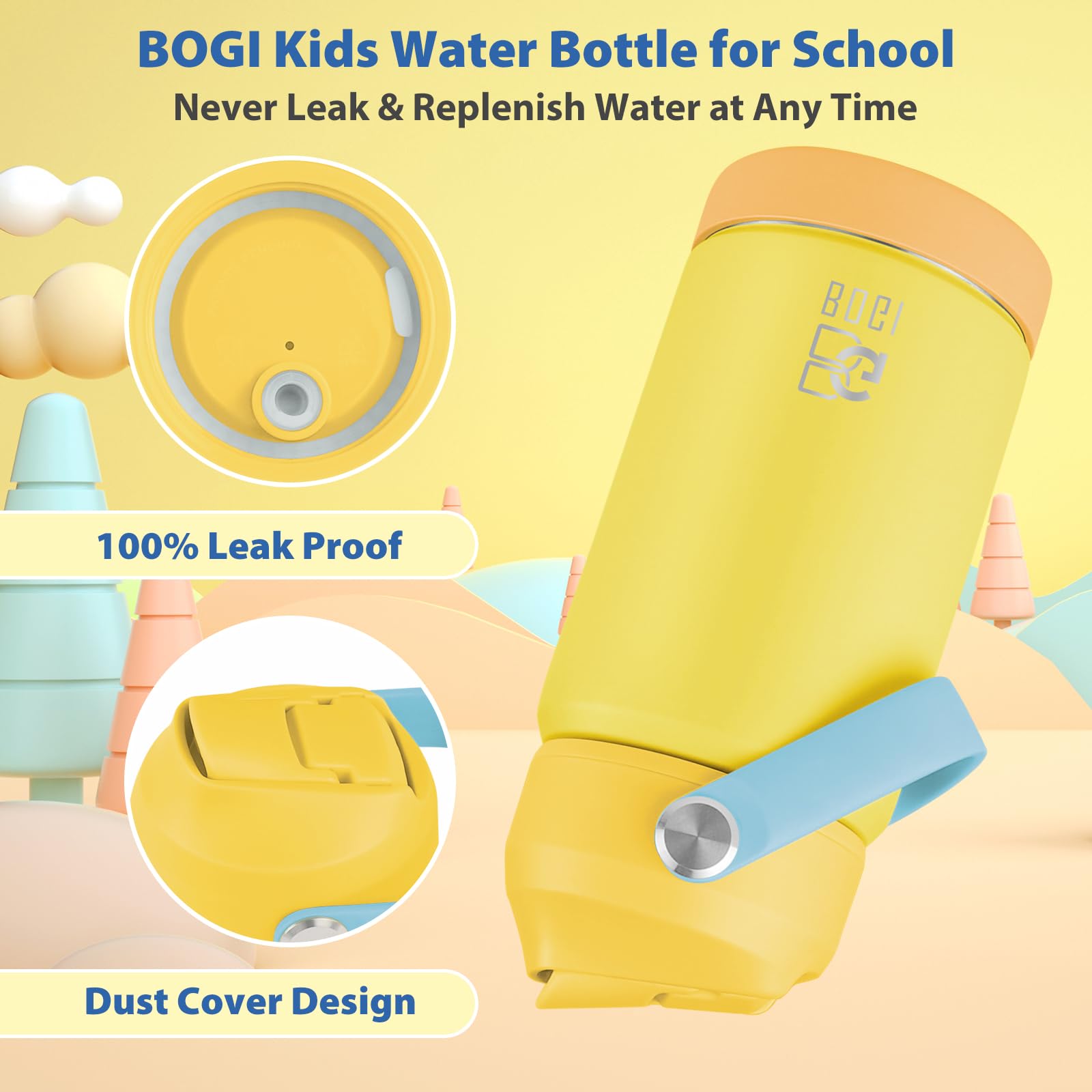 BOGI Kinder-Wasserflasche mit Strohhalm, 340 ml, Edelstahl-Wasserflaschen für Kinder, auslaufsicher, isolierte Wasserflaschen für Kinder, mit Silikonstiefel, BPA-frei, Metall-Wasserflasche, Kinder für