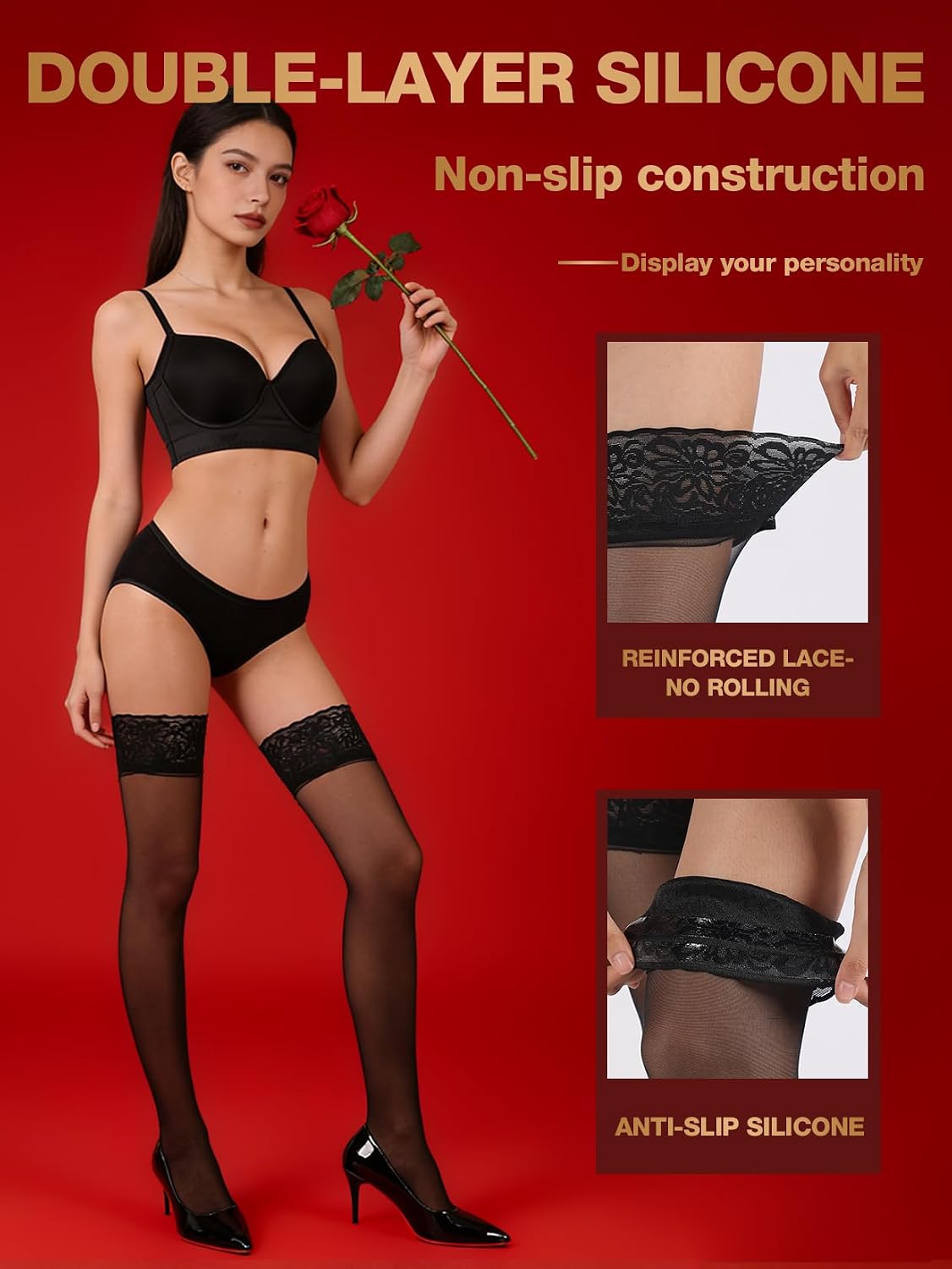 MERYLURE Non-Slip Stay Up Thigh High Stockings for Women,Reinforced Strong Lace Top Sheer Pantyhose Sexy Lingerie
