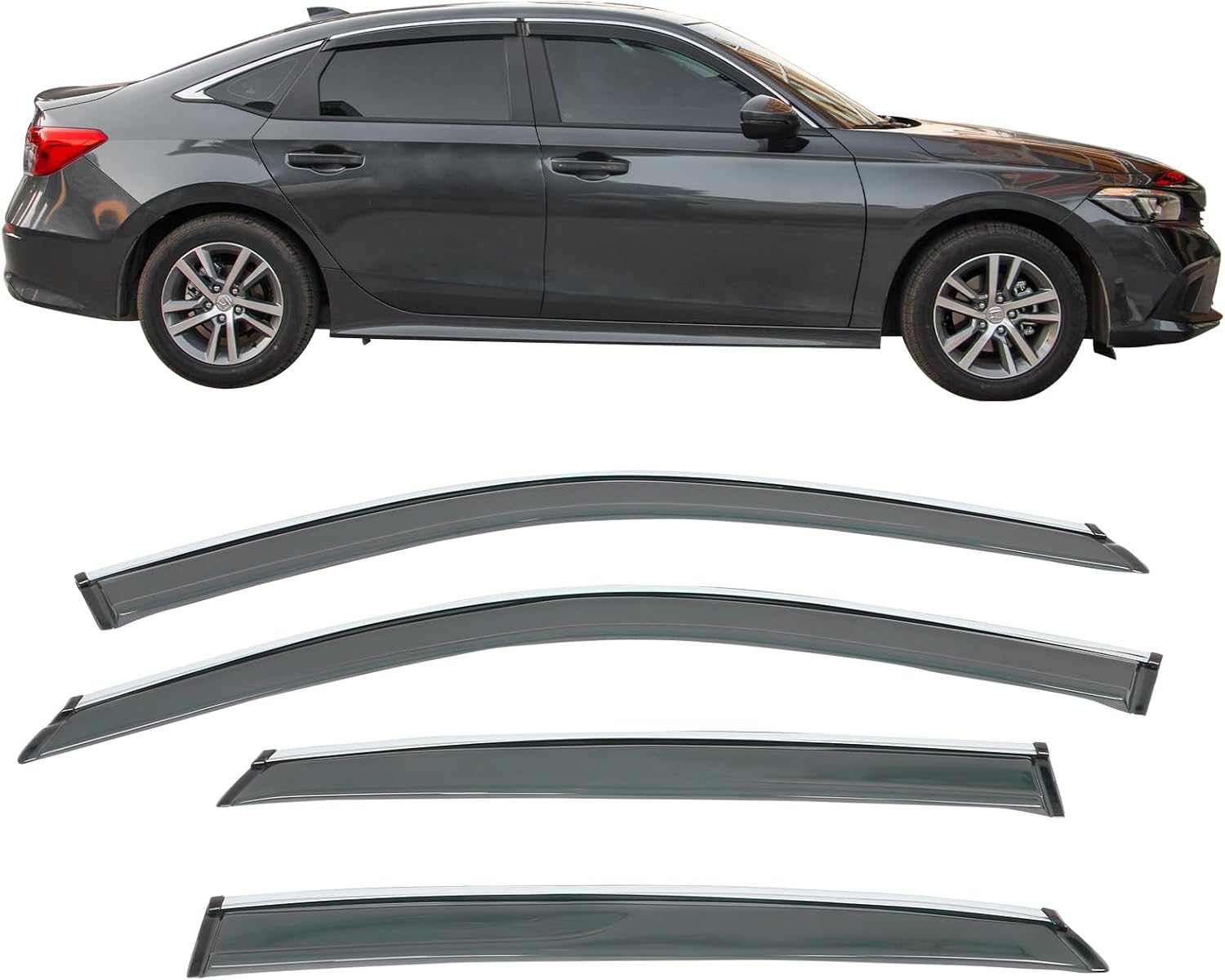 IKON MOTORSPORTS, Window Visors Compatible with 2022-2026 Honda Civic Sedan, Tape On Smoke Sun Rain Wind Window Guard with Chrome Sun Shade Deflector 2.2mm 4PCS