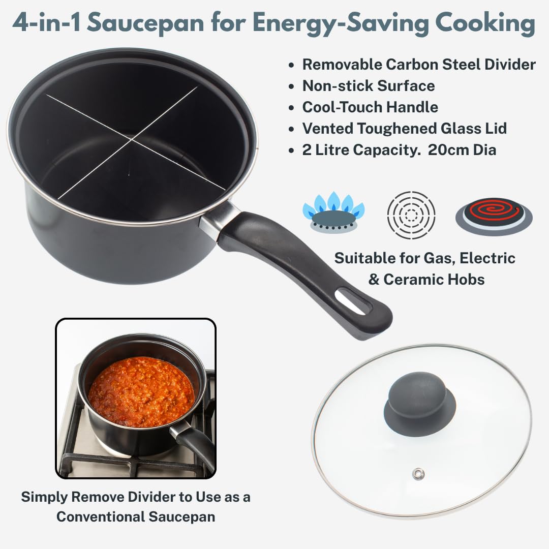 4-in-1 Divided Saucepan with Removable Divider, 2 Litre Non-Stick Pan, 20cm Diameter with Glass Lid, Multi-Section Cooking Pan - Image 3