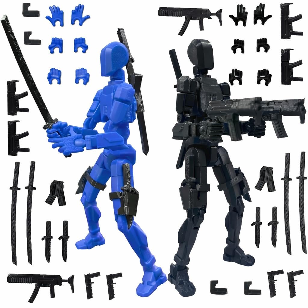 ONNGEO 2 Pack Action Figures Titan 13, 3D Printed Multi-Joint Movable Robot with Weapons and Accessories, Desk Decoration (Blue, Black)