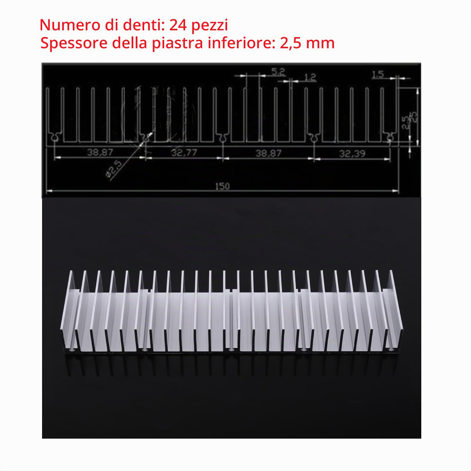 Dissipatore di Calore per PC in Alluminio Dissipatore 24 Denti Dissipatore 150x59x25mm
