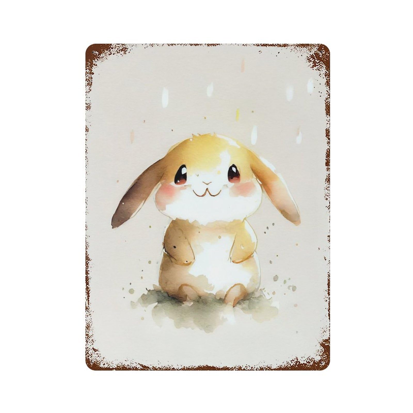 Distressed Metal Wall Sign with Rabbit Cute Watercolor Design 15.7"x11.8", for Living Room, Hallway And Home Decor, Vintage Wall Decor
