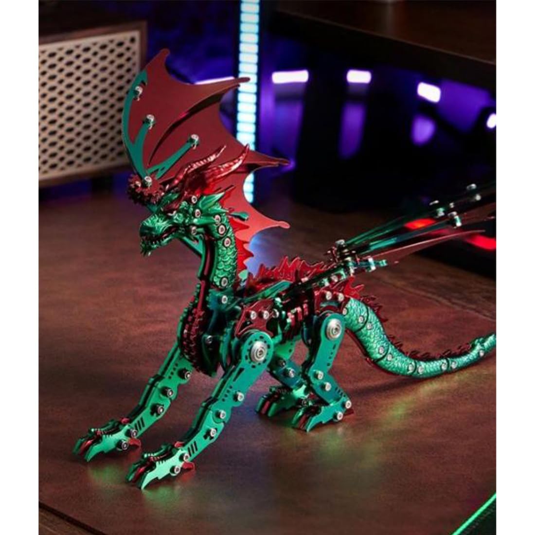 Rompecabezas de metal 3D para adultos, kit de bricolaje para dragón mecánico, regalo único para decoración de escritorio (rojo verde)