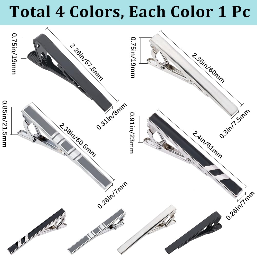GORGECRAFT 4 Styles Tie Clips Set for Men Silver Black Classic Tie Clip Long Style Tie Bar Clip Set Square Edges Tie Tack Pins Necktie Wedding Business Casual Clips for Formal Occasions and Daily Life