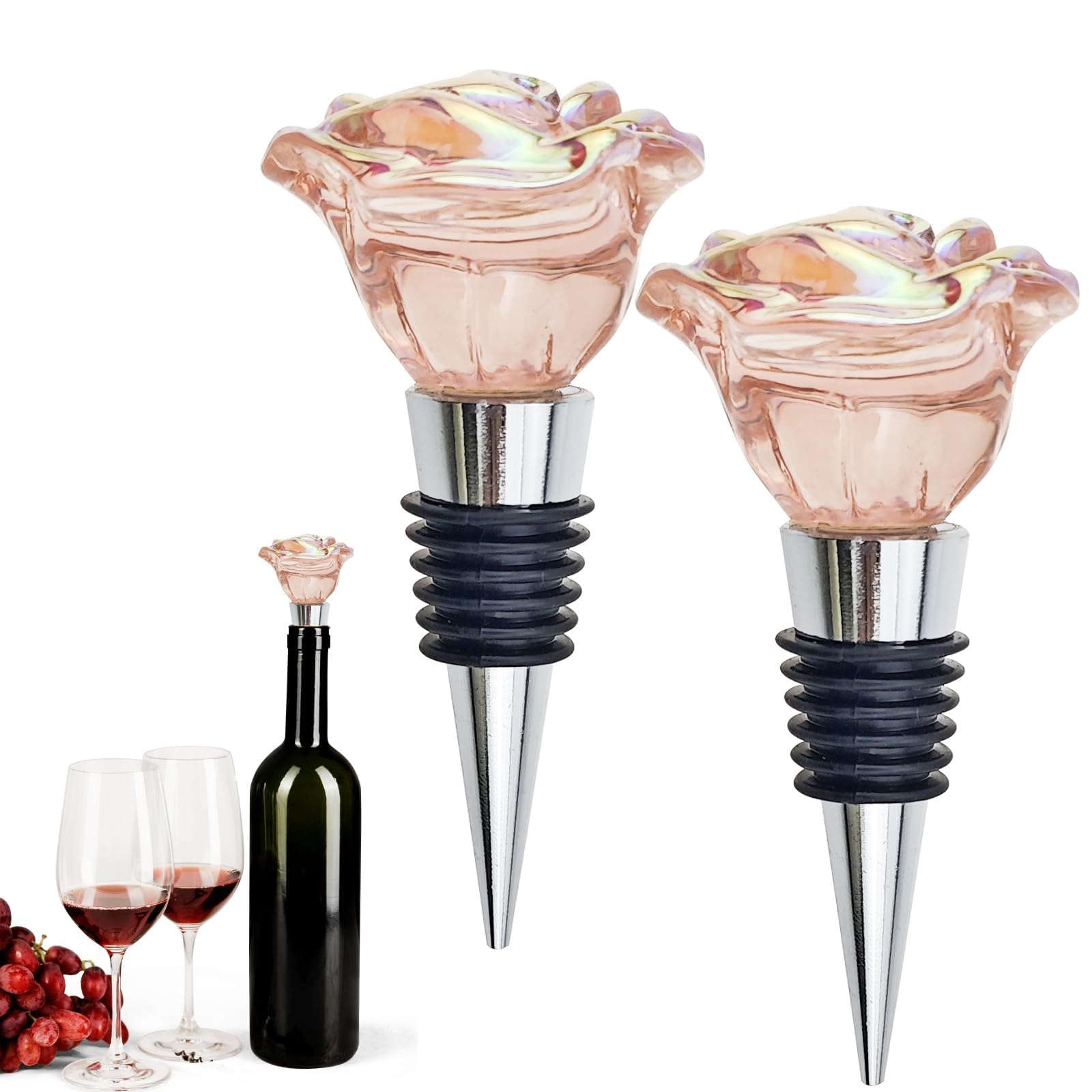 2 Pack Rose Wine Stopper, Bottle Stopper Wine Saver, Reusable Wine Corks for Beverage, Wine Preserver Wine Saver Keep Wine Fresh Wine Accessories Gifts for Wine Lovers, Wedding Favors