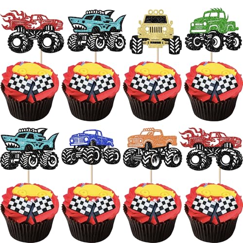 Rsstarxi 24 Pack Monster Truck Cupcake Toppers Glitter Blaze Car Truck Cupcake Picks for Off-Road Monster Truck Hot Wheels Cars Theme Baby Shower Birthday Party Cake Decorations Multi