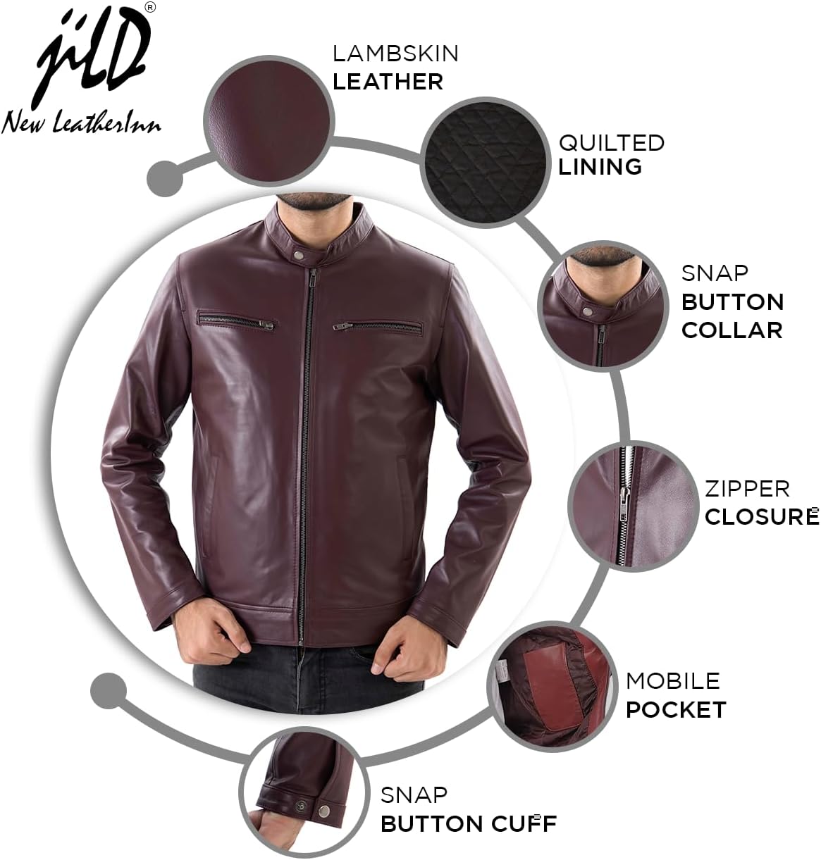 Jild Classical Single Piece Lambskin Leather Jacket Men - Everyday Wear Snap Tab Collar Men’s Motorcycle Leather Jacket