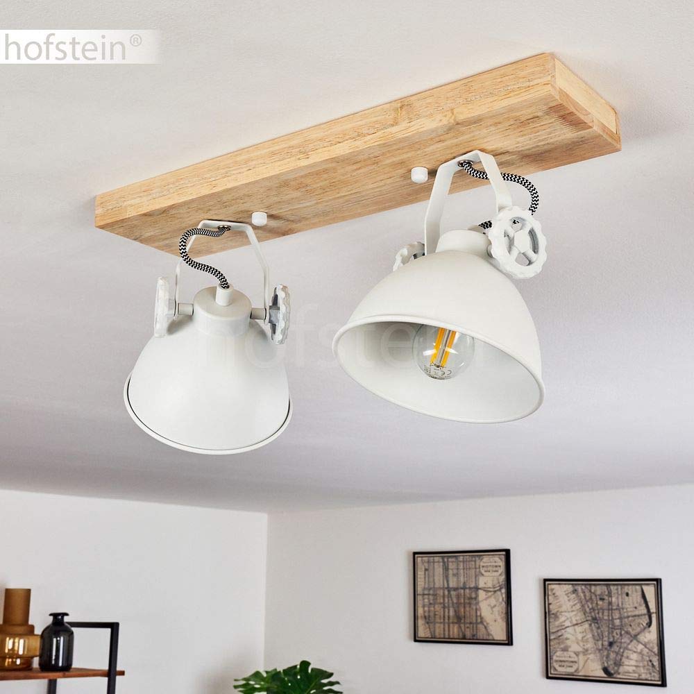 HOFSTEIN Deckenleuchte Svanfolk, verstellbare Deckenlampe aus Metall/Holz in Weiß/Natur, Leuchte im Industrial/Retro/Vintage-Design mit Holzbalken, 2 x E14, Wohnzimmer, Esszimmer, Schlafzimmer, Küche