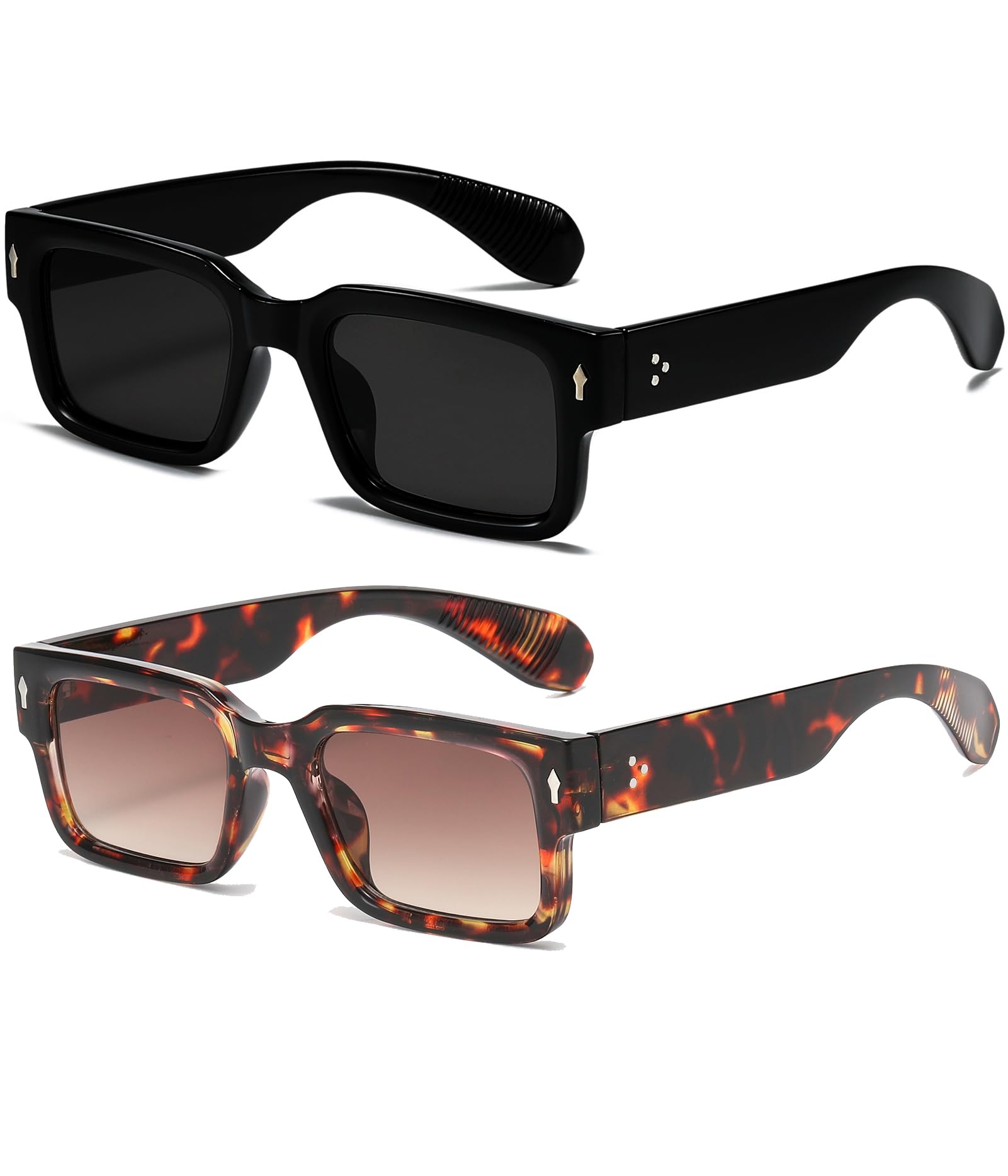 EYLRIM Square Frame Sunglasses for Women Men Trendy Chunky Rectangle Sun Glasses Black Shades UV400 Protection 2 Pack (Black/Grey+tortoise/Gradient Tea) 50 Millimeters