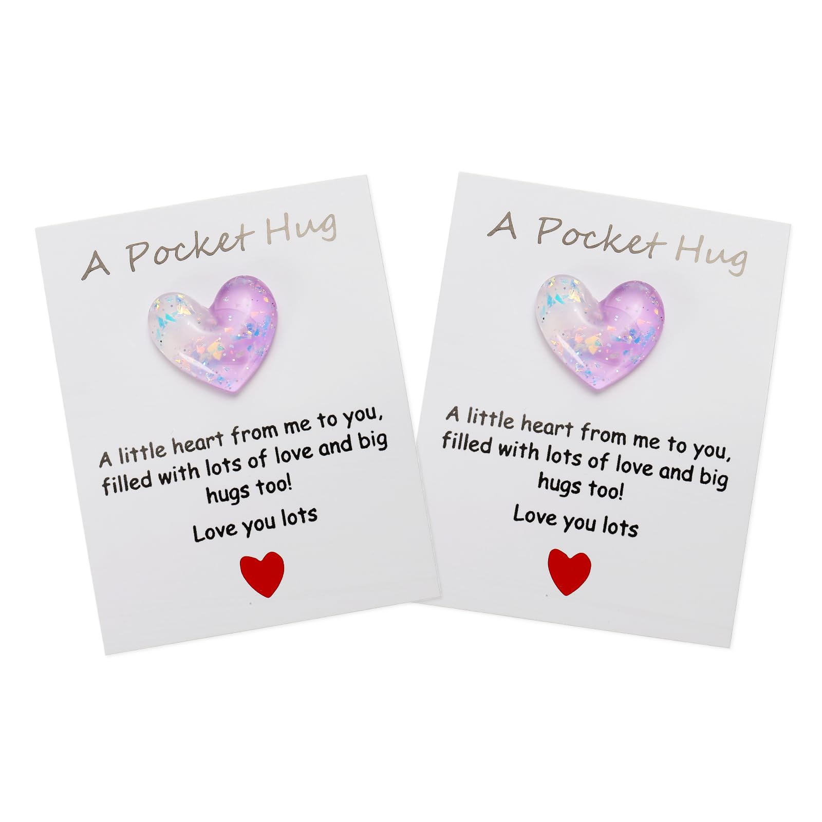 PATIKIL 2 Pack Pocket Hug Heart with Greeting Card, Pocket Hug Token Love Cards Cute A Little Resin Heart Shape Bulk for Friends Long Distance Relationship Gifts, White Purple