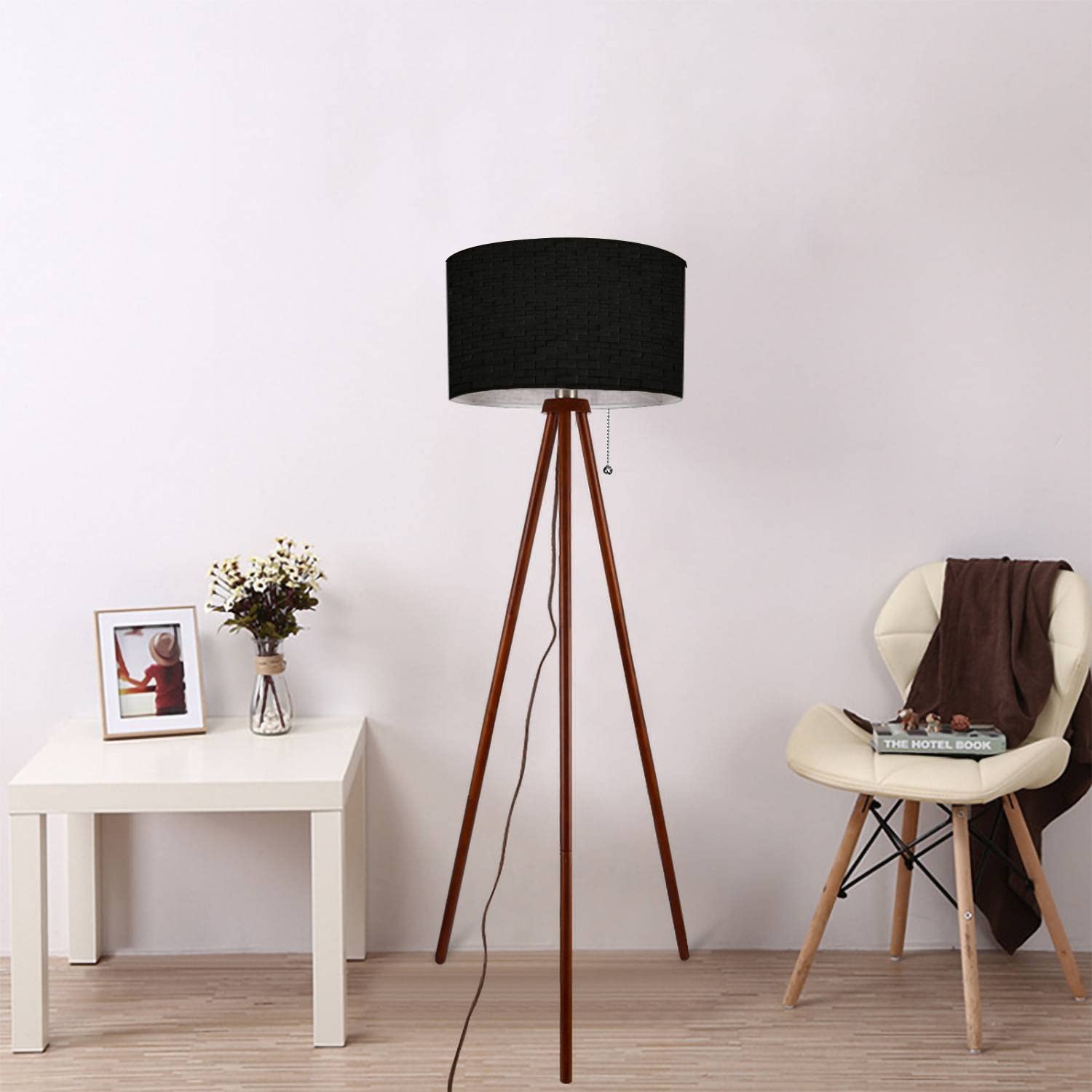 BAISTSAELER Wood Tripod Floor Lamp - Orange Mid-Century Modern Standing Lamp With Linen Shade & Dimmable Smart Bulb - 60" Tall For Living Room, Bedroom