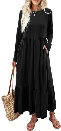 Mieazom Womens Long Sleeves Maxi Dress Casual Loose Tiered Flowy Swing Beach Long Dresses with Pockets