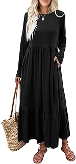 Women's Long Sleeves Maxi Dress Casual Loose Tiered Flowy Swing Beach Long Dresses with Pockets