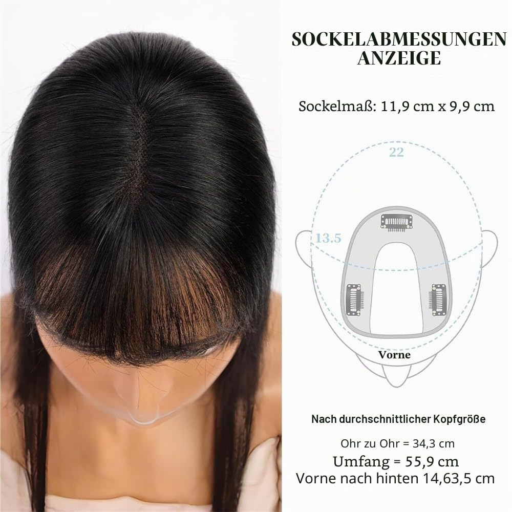 Haaraufsätze für Damen 12-Zoll-Topper aus Echthaar mit Pony, 10 × 12 cm, Topper mit Spitzenbasis, Haarteile, gerader Clip-in-Topper aus Echthaar for Frauen mit dünner werdendem Haar/Haarausfall Haar-T
