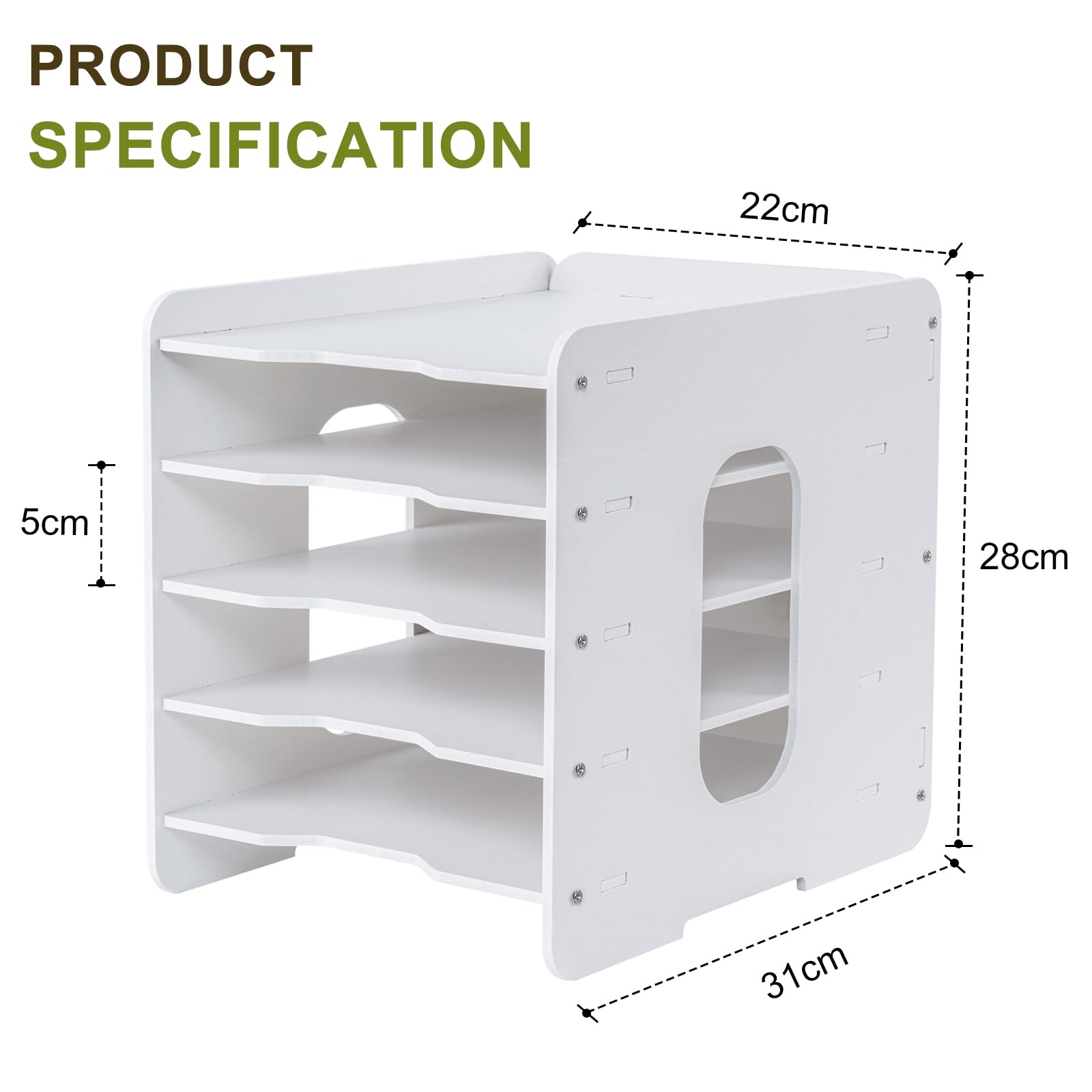 Hotyin Letter Tray Paper Organiser, 5 Tiers Desk File Organiser, A4 Paper Sorter Organiser for Office Home, School Supplies, White - Image 2