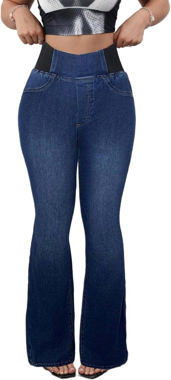 Women's Jeans High Waisted Stretchy Denim Pants Trendy Wide Leg Bell Bottom Denim Pull On Jeans Trousers