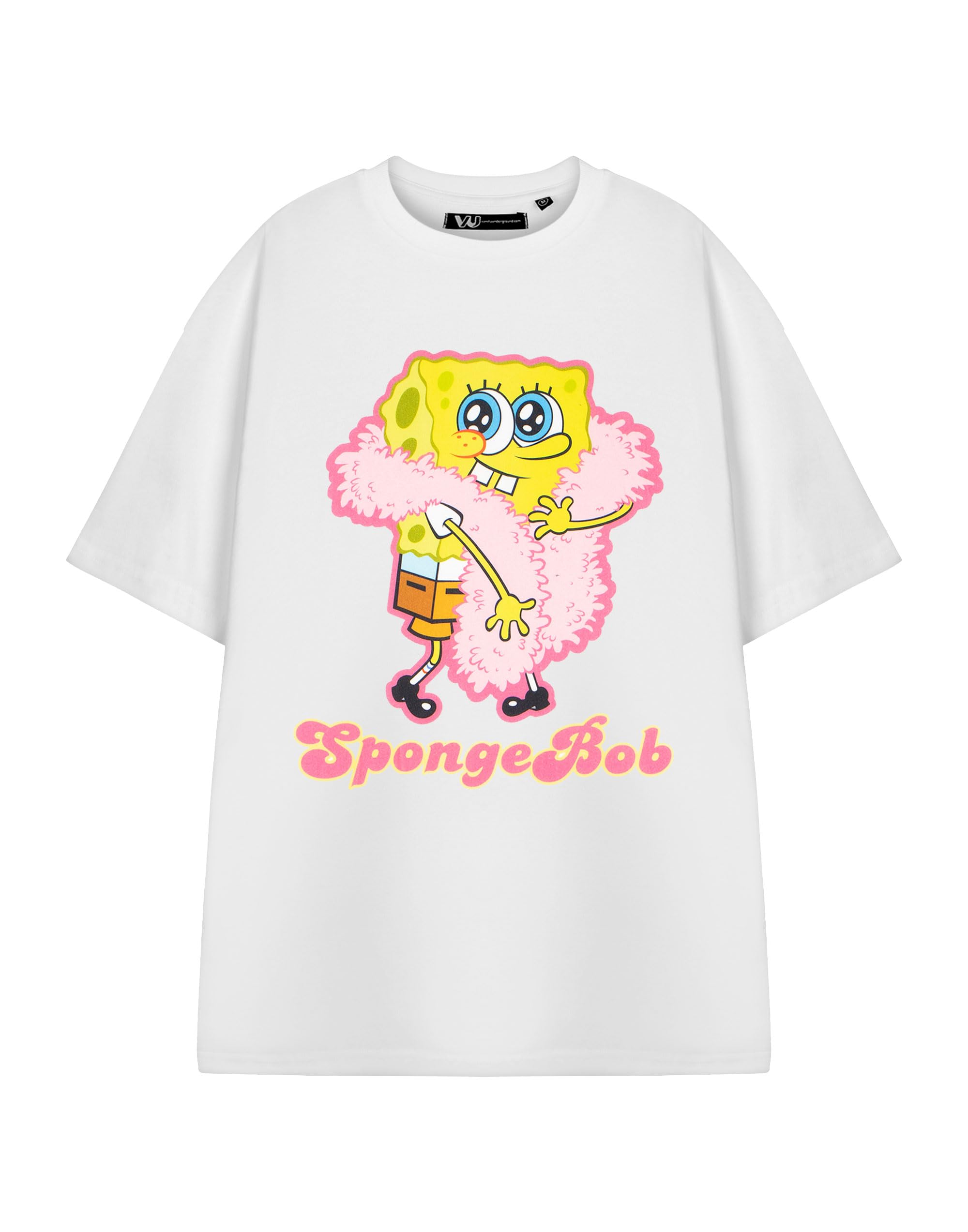 Vanilla Underground Women's White Spongebob Squarepants Feather Boa Short Sleeved T-Shirt - Large
