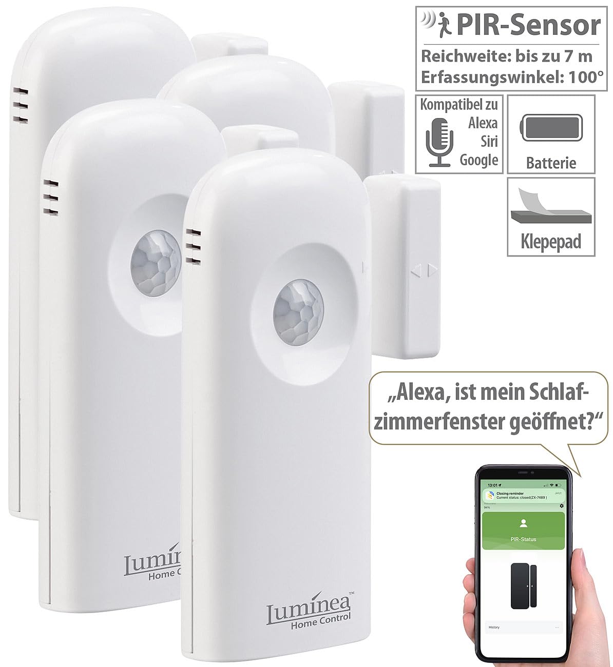 Luminea Home Control mini allarme: Set da 4 Sensori Wi-Fi 2in1 per porte/finestra e sensori PIR, App, Controllo vocale (rilevatore di movimento interno a batteria, di allarme per porte, accessori)
