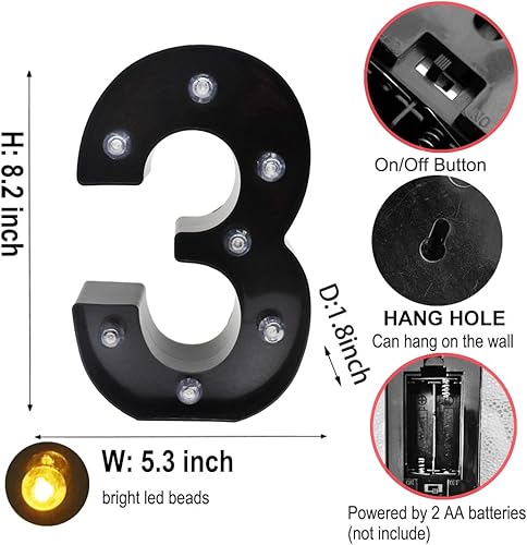 Miniatura 7 de AUSAYE Luces LED negras con números de marquesina, letrero de luces de número de marquesina, luz nocturna para boda, fiesta de cumpleaños, lámpara