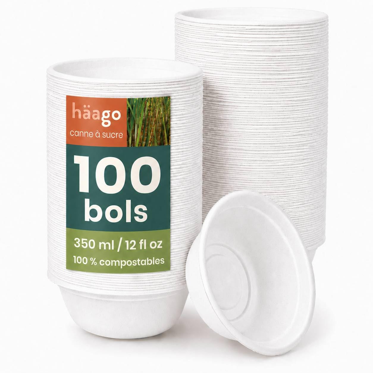 HAAGO 100 Bols Solides Compostables en Canne à Sucre (Bagasse), 350 ml / 12 oz – Bols Jetables Rigides, Anti-Graisse & Anti-Fuites – Pour Soupe, Salade, Dessert, Chaud & Froid, Buffet, Traiteur