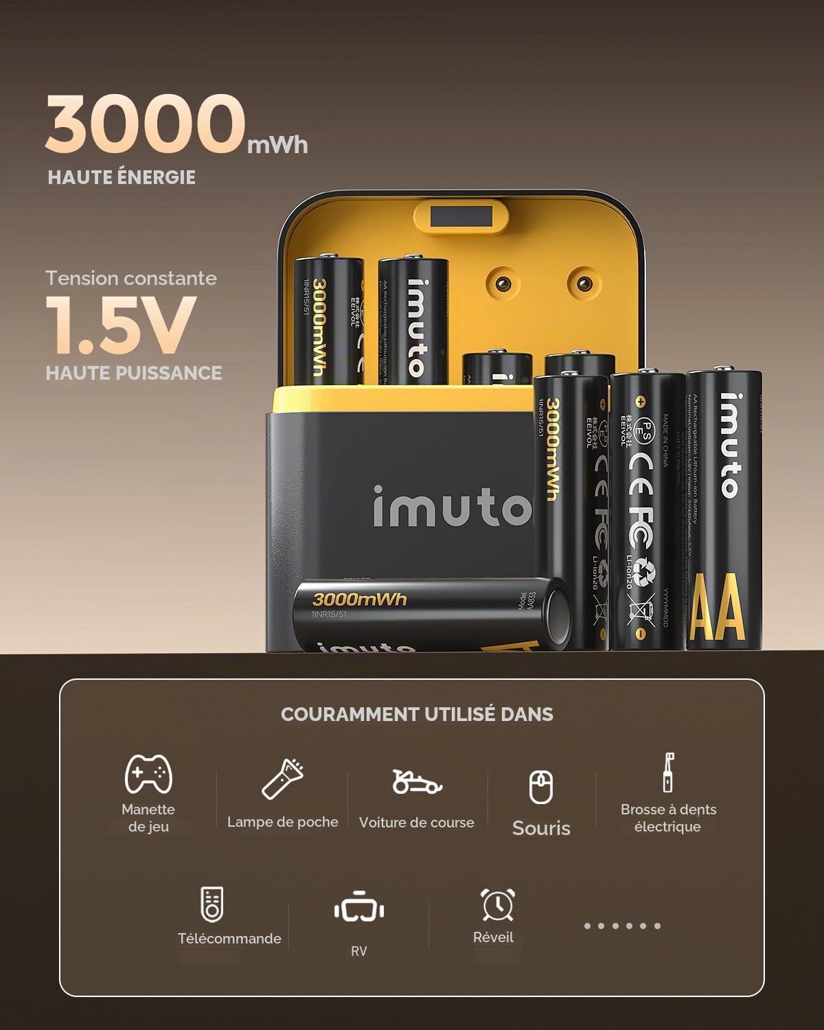 imuto Lot de 16 piles AA rechargeables 1,5 V 3000 mWh, piles rechargeables AA au lithium 1600 cycles avec écran LED noir, charge rapide