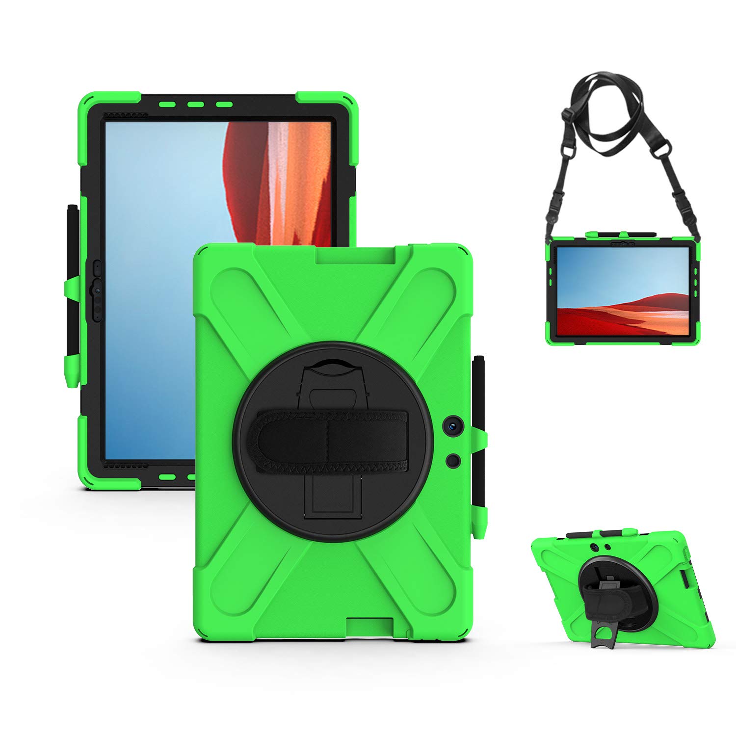Coque Microsoft Surface Pro X résistante aux chocs avec support rotatif vert - 8