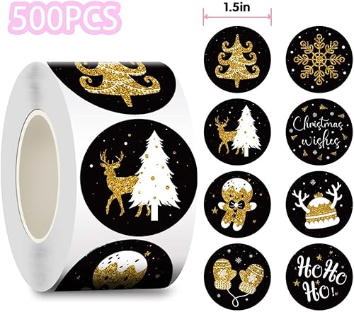 Miniatura 6 de 500 calcomanías en rollo de Feliz Navidad, diseño negro y dorado, diseño de árbol de Navidad, letra de árbol de Navidad, hombre de jengibre,