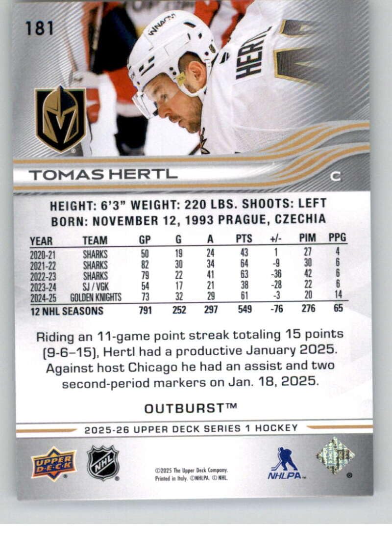 Amazon.com: 2025-26 Upper Deck Outburst #181 Tomas Hertl Vegas