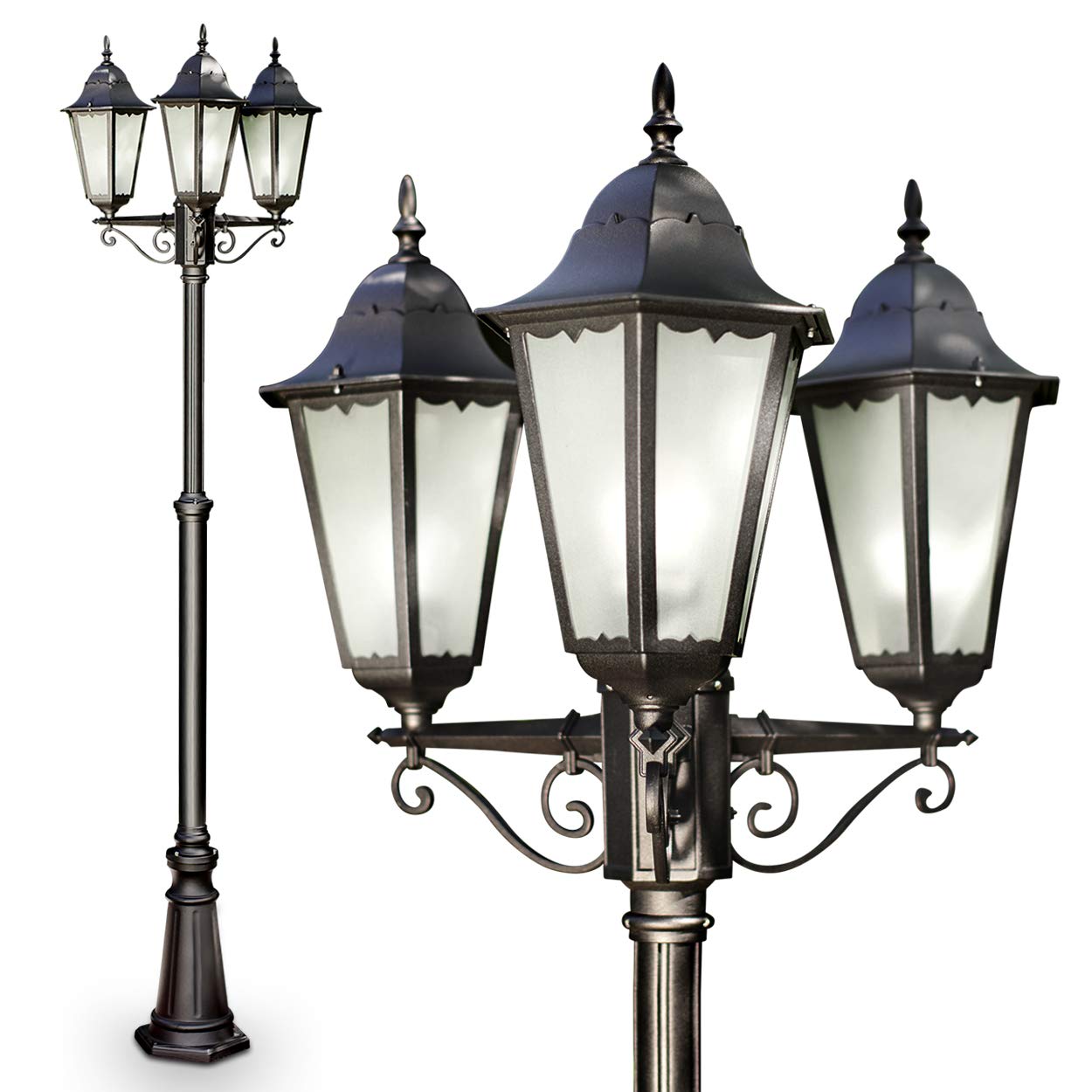 Lampa zewnętrzna 3-ramienna, kandelabr w kolorze czarnym, E27, oświetlenie ogrodowe z odlewu aluminiowego ze szklanymi szybami, latarnia do użytku zewnętrznego, wysokość 220cm, bez żarówek