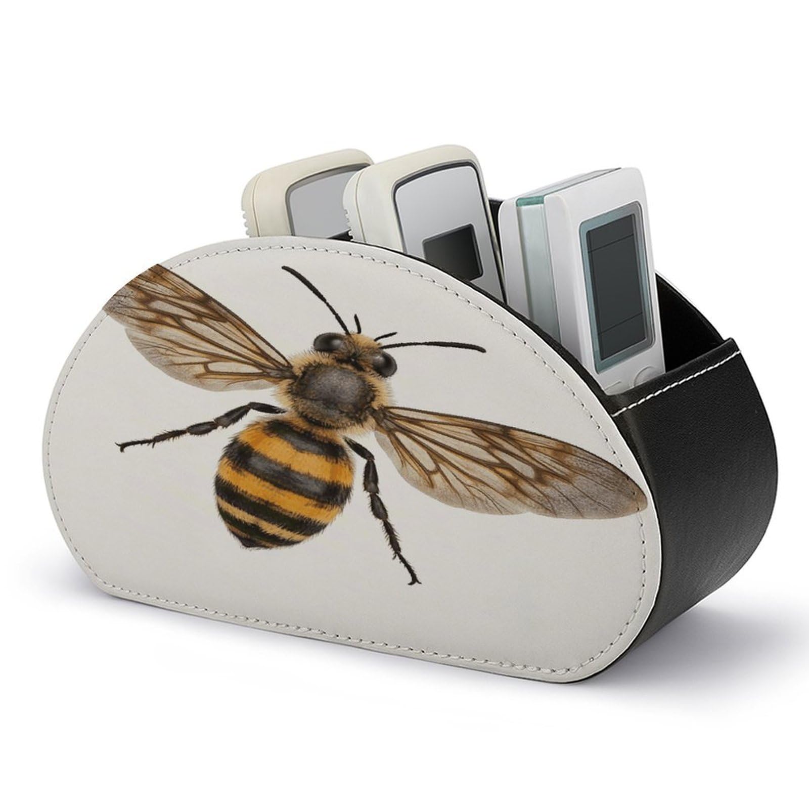 VstaDank Bee Remote Control Holder PU Leather Multifunctional Office Organizer Brush Holder Desktop Storage with 5 Compartments Player Box
