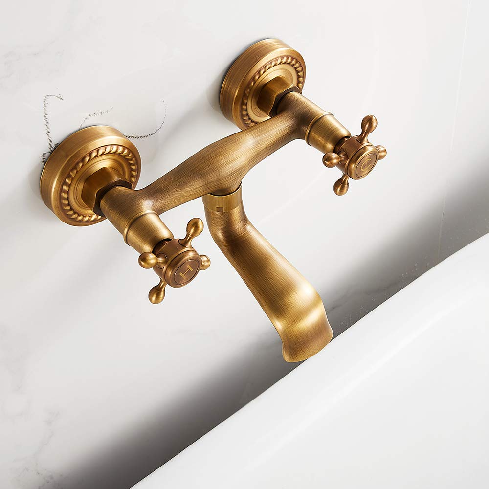 Rubinetto Bronzo a Muro Anticato Vintage Rotazione 180 ° Rubinetto per Cucina a Parete con Doppio Manopole in Ceramica Miscelatore