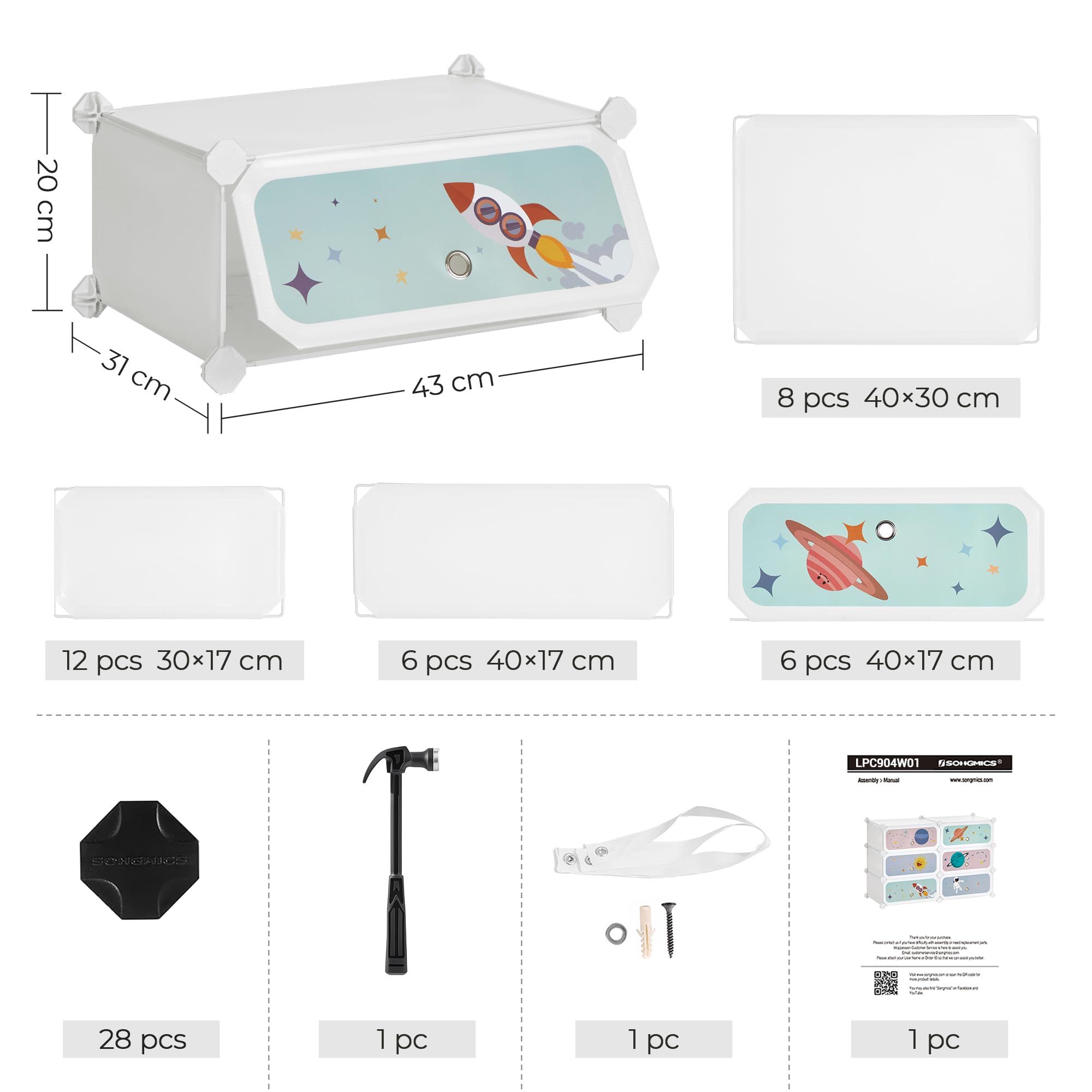 SONGMICS Scarpiera a 6 Scomparti per Bambini, Organizzatore Modulare ad Incastro in Plastica per Bambini, Guardaroba con Ante, 31 x 43 x 105 cm, Bianco Nuvola LPC904W01