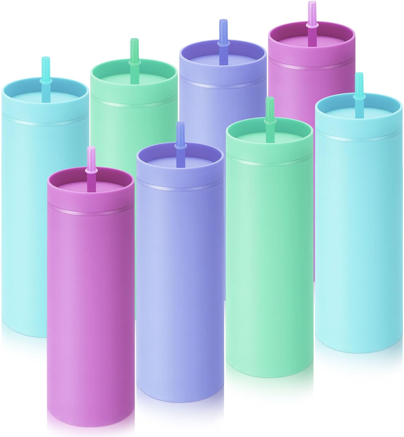 Baderke 8 Pack 16 oz Skinny Tumblers with Lid and Straw Matte Multicolor Reusable Double Wall Plastic Cup Coffee Travel Drinking Mug for Valentine Day Girl Women Home Birthday Gift (Light Green)