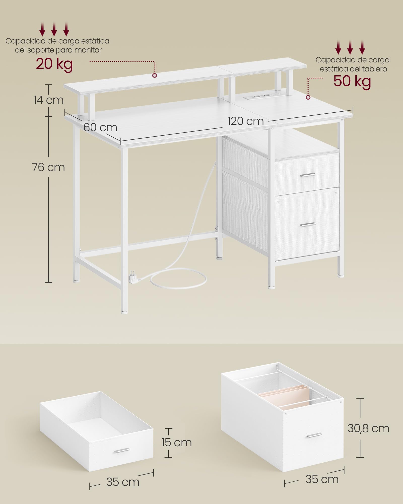 VASAGLE Escritorio, con Cajones de Tela, Mesa de Ordenador con Soporte para Pantalla, Regleta, 2 Puertos USB, para Oficina en Casa, 120 x 60 cm, Blanco Arce LWD093W01V1