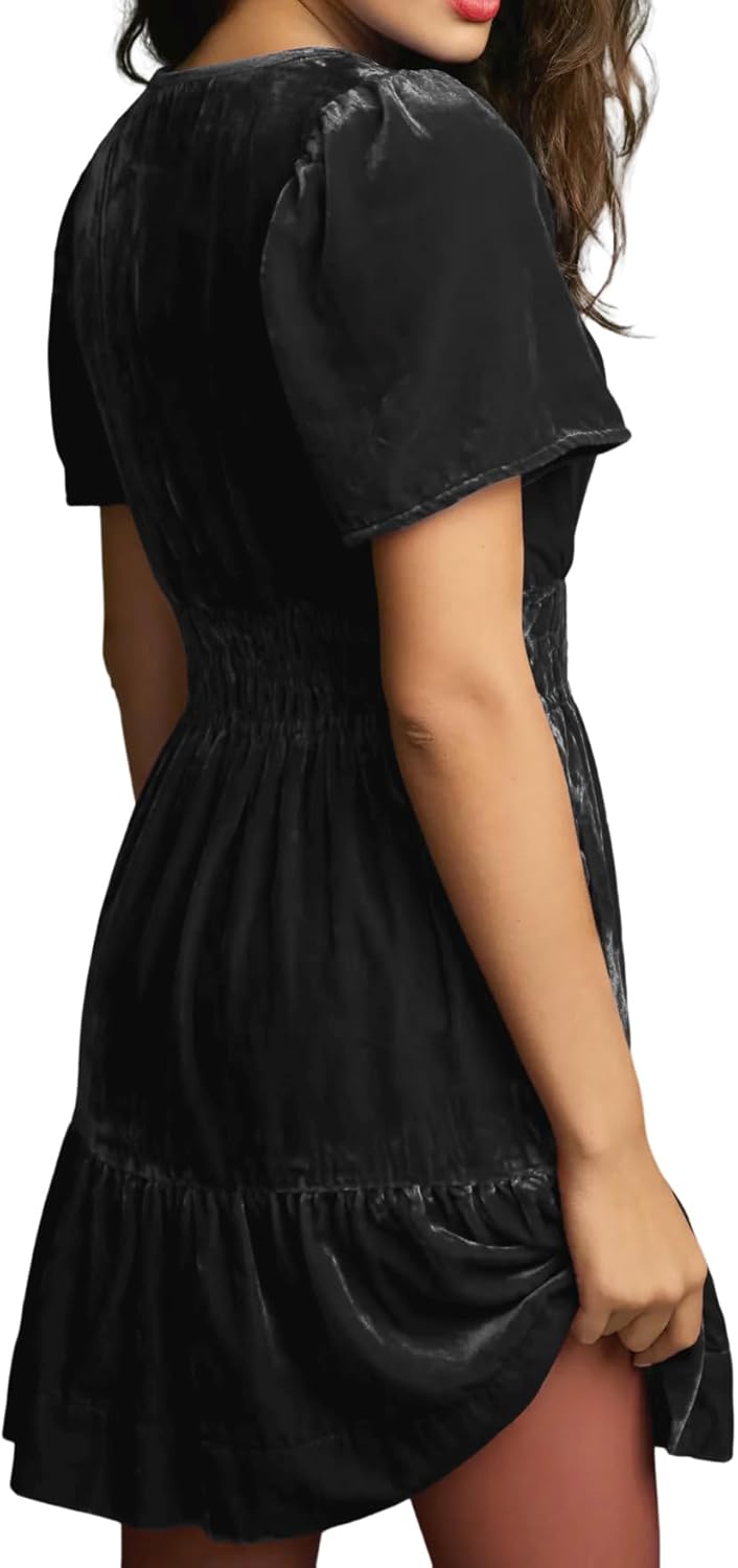 R.Vivimos Women's Fall Winter Vintage Casual Dresses Velvet Short Sleeve V Neck Elastic Waist Tiered Flowy Swing Mini Dress - Image 4