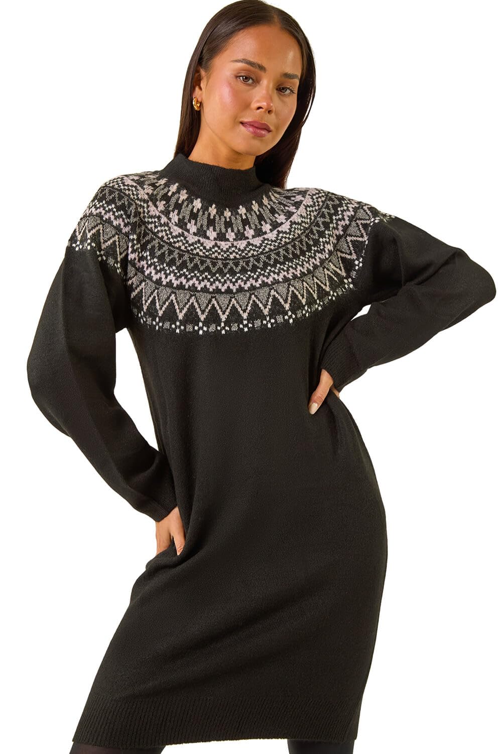 Roman Originals Women's Petite Ink Fairisle Roman Thick Jumper Dress For Uk Fairisle Aztec Knitted Knit Sweater Knitwear Autumn Winter Holiday Round Neck Long Sleeve Soft Knee Length Sweat Warm