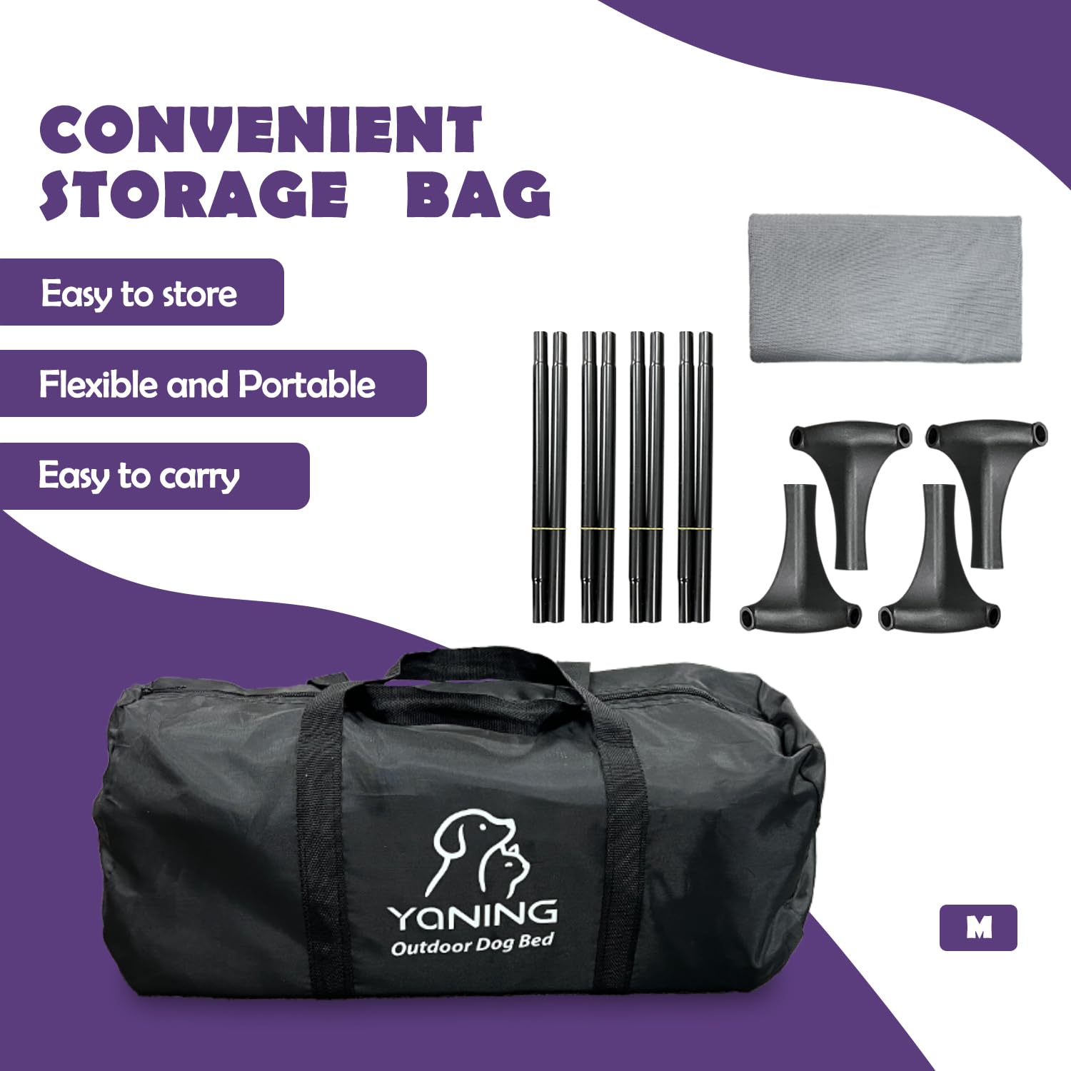 Yaning Outdoor Elevated Dog Bed With Portable Bag, Easy to Assemble for Medium Small Dogs, Raised Cot With Pet-Friendly Feet, Breathable Mesh for Camping or Travel, Dark Grey