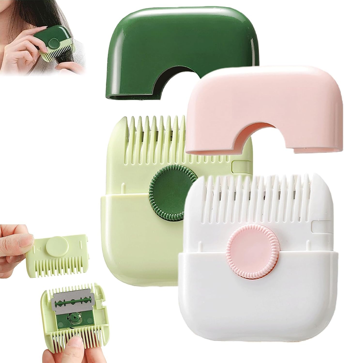 TERRIFI 2 in 1 Hair Trimmer, Dual-Side Split Ends Trimmer, Finishing Bangs Comb, Manual Styling Tool for Thin and Thick Hair (2pcs Pink+ Green)