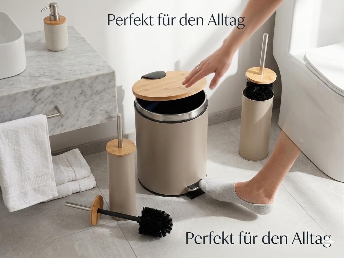 Badaccessoire-Set 2-teilig – Toilettenbürste & Kosmetikeimer mit Absenkautomatik für Bad & Gäste – Mattes Design & Bambusdeckel – Soft-Close-Technologie (Taupe)