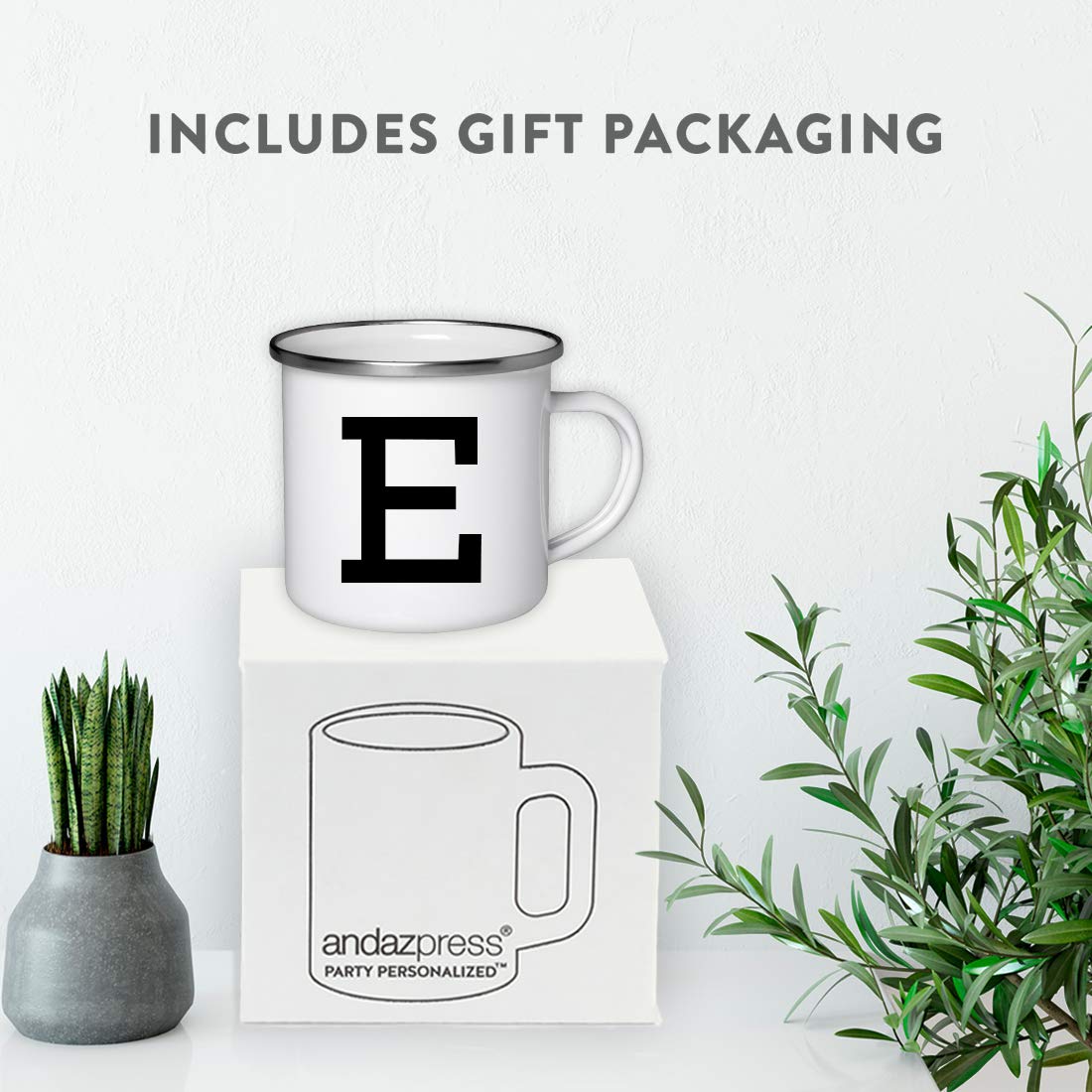 Andaz Press 11oz. Stainless Steel Campfire Coffee Mug Gift, Camp Monogram Initial E, 1-Pack, Birthday Christmas Outdoors Metal Enamel Camping Cup