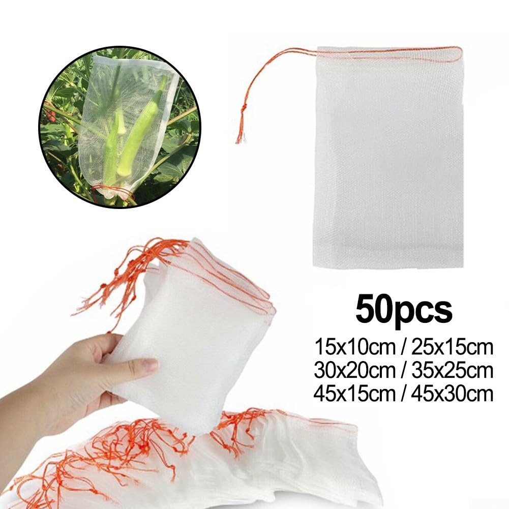 Sacchetti protettivi per frutti, Piante 50 pezzi con coulisse in rete traspirante contro insetti zanzare Uccelli Attrezzi Giardino (30 x 20 cm