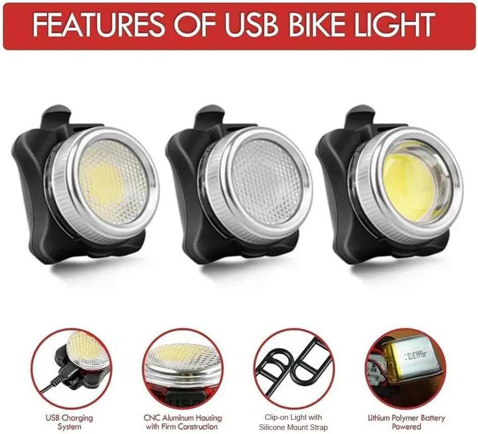 HUIOP Led Lights Rechargeable,USB Rechargeable Bike Light, Battery-Powered Super Bright Front and Rear COB LED Light 5 Modes 100LM Bike Light for Night Riding (Red and White Light)