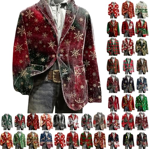 Christmas Blazer Men Corduroy Christmas Printed Jacket Xmas Holiday Party Single Breasted Business Office Blazer