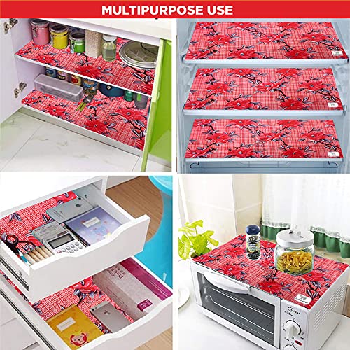 Image of Polyester 3-Layered Fridge Top Cover /Refrigerator Cover with Utility Pockets and Set of 3 Pc Fridge Mats (Color-Check Floral Red, Size-39x21 Inch)